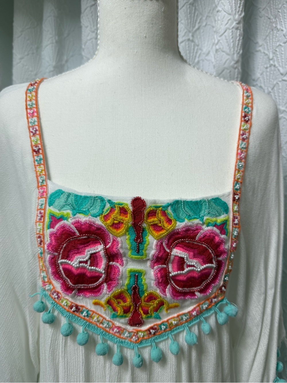White Embroidered Boho Tunic Dress with Turquoise Trim - Picture 5 of 7